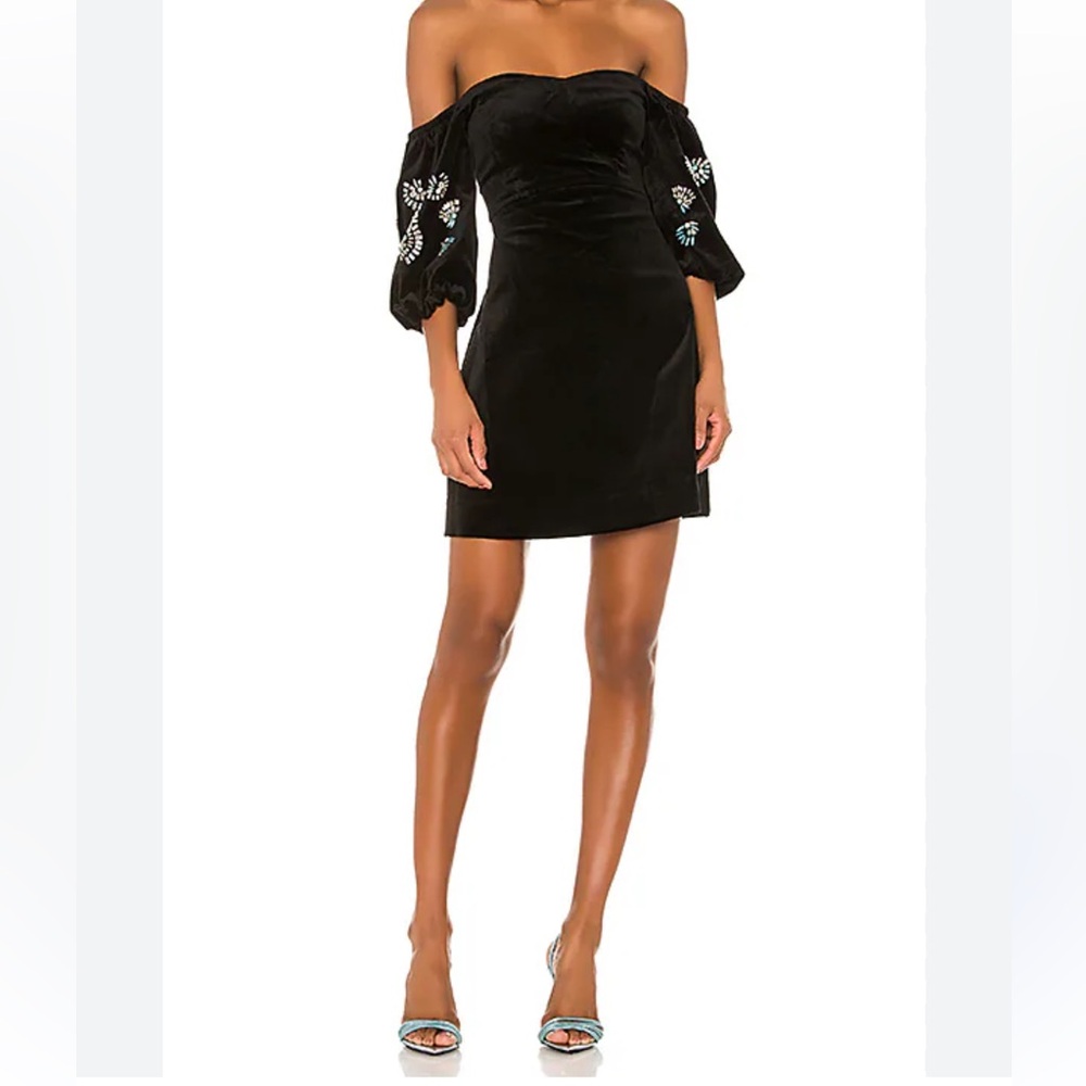 Tanya Taylor Kasey Black Velvet Embellished Sleeves Off-Shoulder Dress Size 0